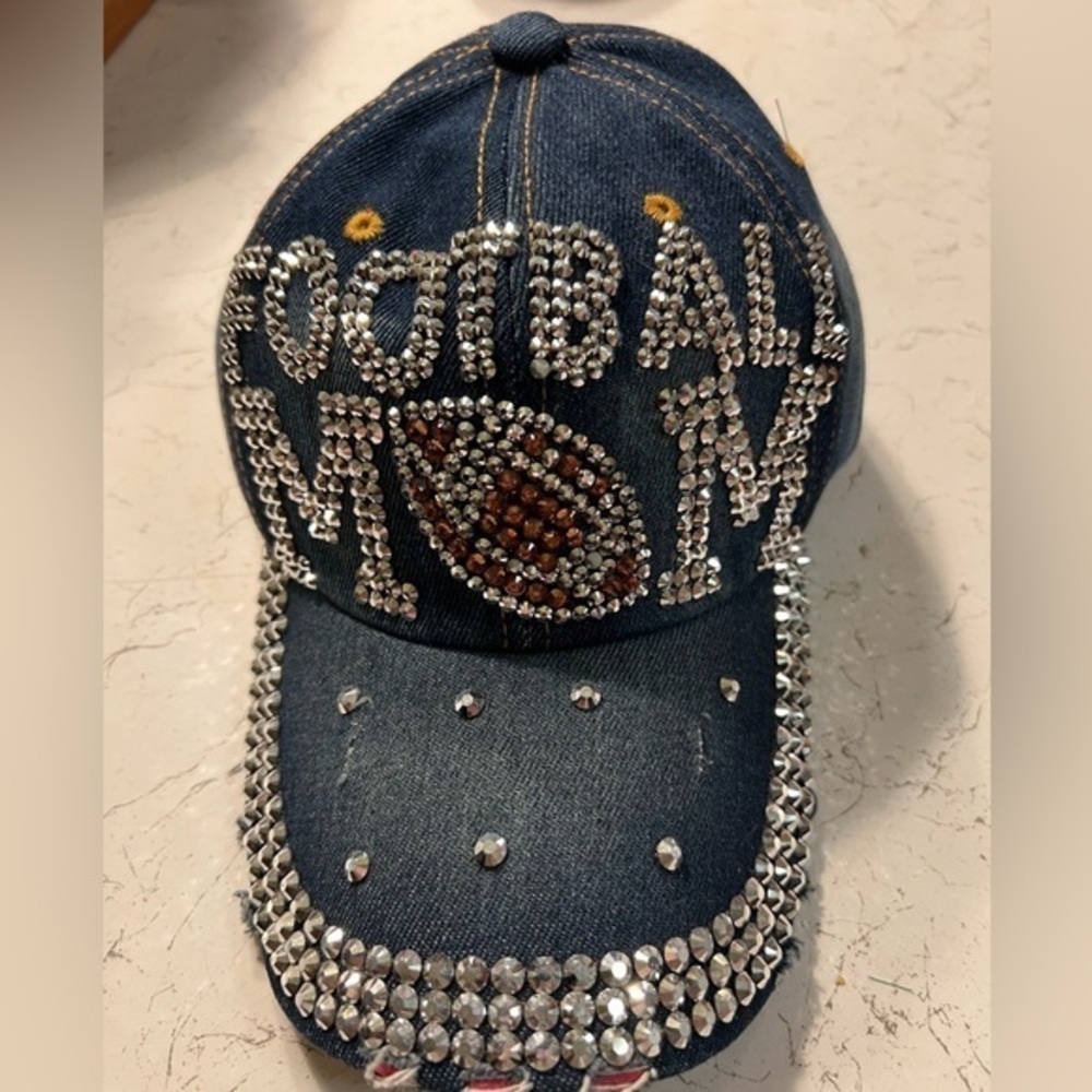 🆕Blinged Out Football Mom Rustic Weathered Denim Baseball Cap🏈 Boys of Fall 🏈